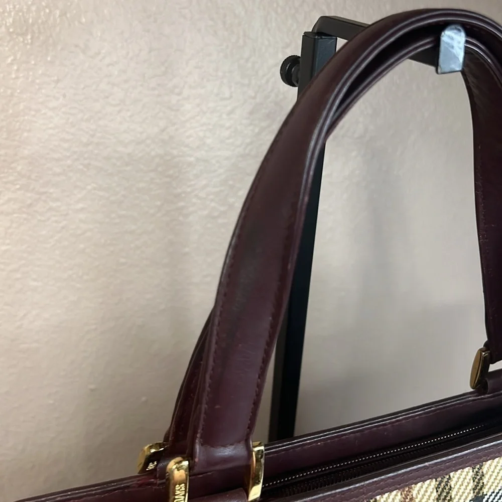 DAKS Vintage Plaid Structured Tote Satchel Burgundy Leather Trim